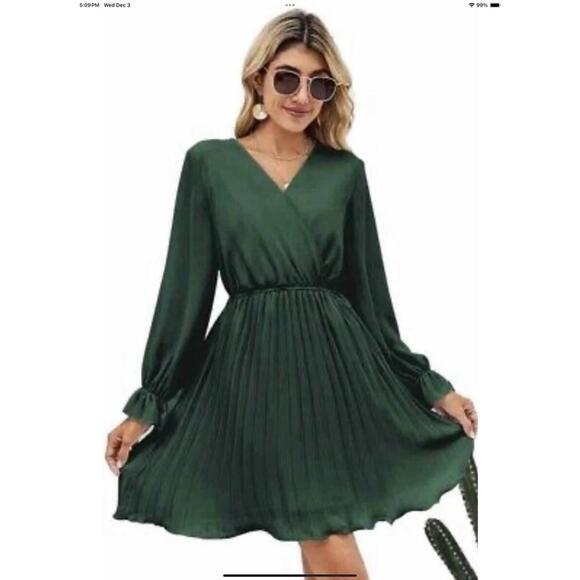 BBX Lephsnt Women’s Long Puff Sleeve V Neck Pleated Ruffle Green Dress S - Picture 4 of 4